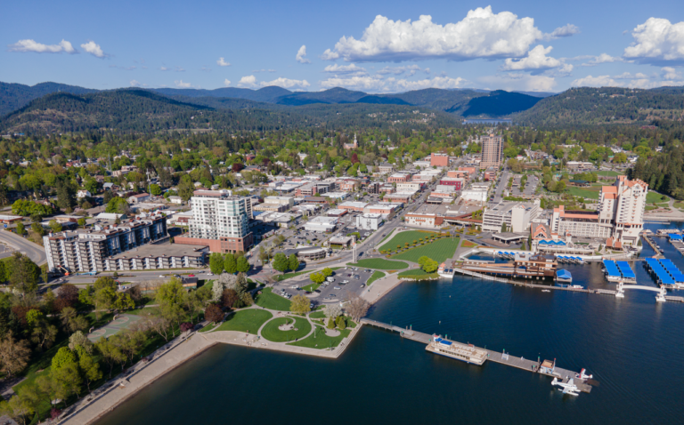 Aerial view of downtown Coeur d'Alene and the lake